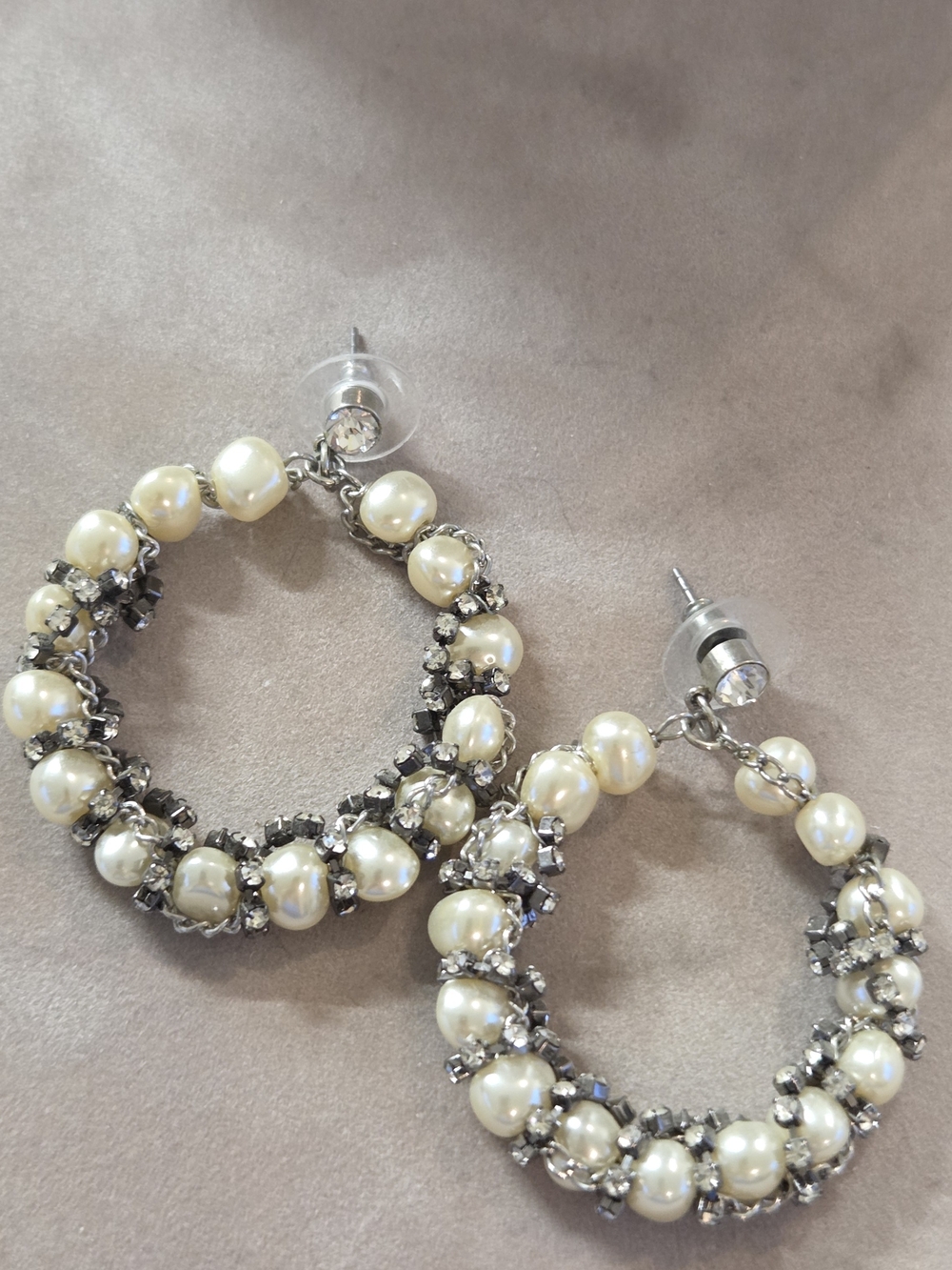 Pearl Hoop Drop Earrings with Crystal Accents - Wedding or Holiday